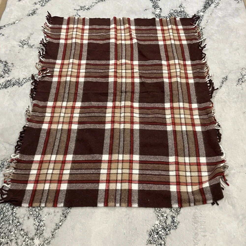 Faribault Woolen Mill Plaid Wool Throw Blanket Brown Red Cream Fringe